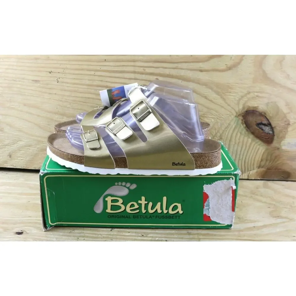 Birkenstock Betula Sandals Womens 10 Leo Metal Gold Leather Narrow Soft New